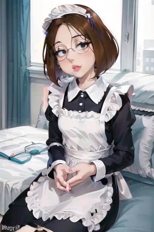 Meg griffin family guy, brown hair, black eyes, bob hair, glasses, forehead, maid headdress, maid outfit, maid apron, maid cafe parted lips, anime waifu style,meg griffin,maid_dress