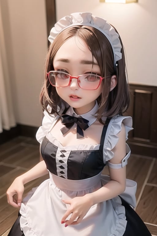 meg griffin, brown hair, red eyes, bob hair, forehead, round glasses, red lips, apron, maid headdress, maid_dress, puffy short sleeves, maid apron, maid cafe, anime waifu style