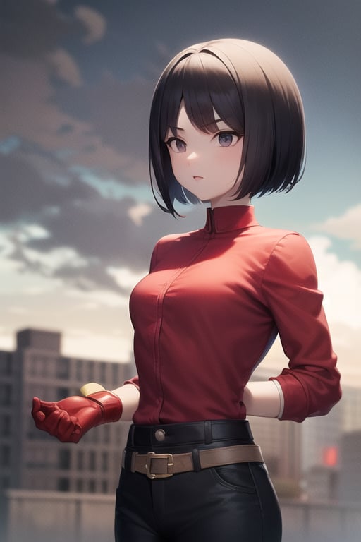 Mii brawler smash bros 4, black hair, black eyes, bangs, short product hair, pretty face, red shirt, dark gray pants, long sleeves, yellow gloves, belt, less eyes, different eyebrows, battlefield, sky, cloudy sky, standing, anime waifu style