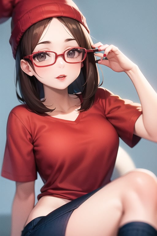 meg griffin, 1girl, brown hair, black eyes, bob hair, forehead, round glasses, red lips, red beanie, red shirt, short sleeves, blue pants, short sleeves, glasses, black-framed eyewear, red background, anime waifu style