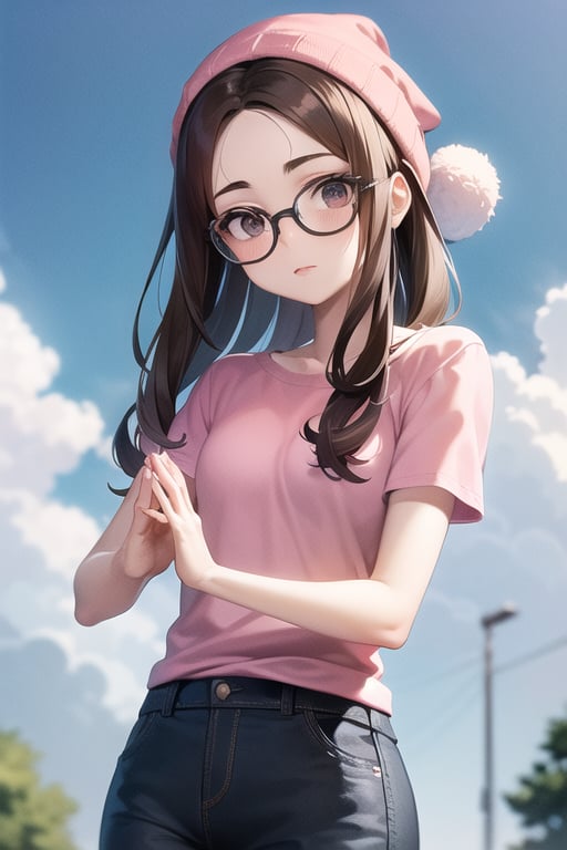 meg griffin, brown hair, black eyes, glasses, bob long hair, pink beanie, round glasses, black-framed eyewear, pink shirt, blue pants, short sleeves, sharp focus, perfect hands, solo, forehead, outdoors, sky, cloudy sky, anime waifu style