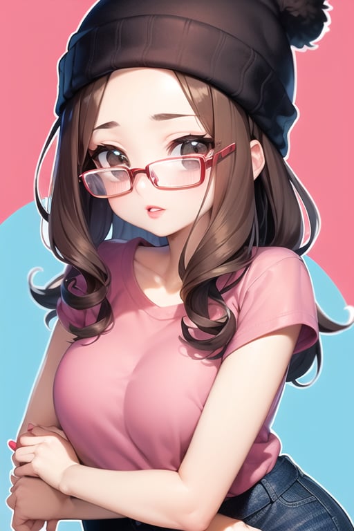 meg griffin, brown hair, black eyes, bob hair, forehead, pink beanie, pink shirt, blue pants, black-framed eyewear, short sleeves, red lips, glasses, round glasses, red background, anime waifu style