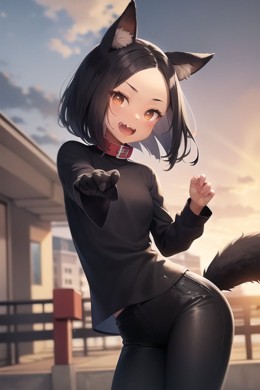 Black Labrador retriever, black hair, brown eyes, bob hair, forehead, fangs, dog ears, dog tail, dog nose, long hair, bobbed hair, red collar, forehead, black shirt, black pants, long sleeves, outdoors, sky, cloudy sky, dark skinned, sun, anime waifu style