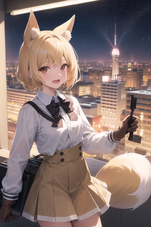 20th television, blonde hair, brown eyes, short products hair, mole, fang, crossed bangs, fox tail, fox ears, brown highlight, school uniform, white shirt, long sleeves, brown skirt, brown gloves, holding, searchlight, cityscape, hollywood, sky, starry_sky, anime waifu style