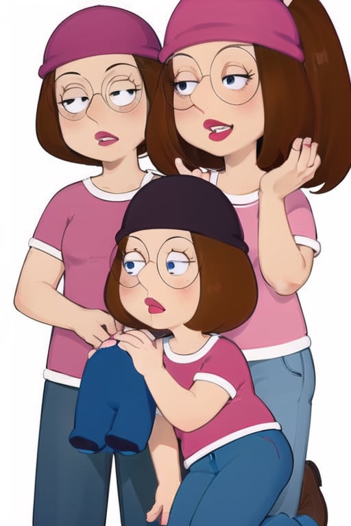 Meg griffin family guy, brown hair, black eyes, bob hair, glasses, forehead, pink beanie, pink shirt, blue pants, short sleeves, parted lips, white background, anime waifu style,meg griffin