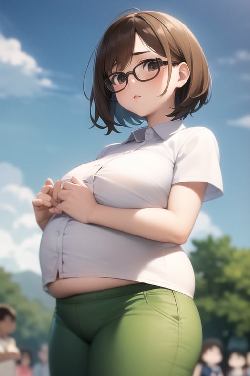 Peter griffin family guy, 1girl, brown hair, black eyes, short hair, glasses, side bangs, black-framed round glasses, cute girl, chin, big belly, white shirt, green pants, collared shirt, short sleeves, covered shirt, solo, outdoors, sky, cloudy sky, sharp focus, perfect hands, perfect light, anime waifu style