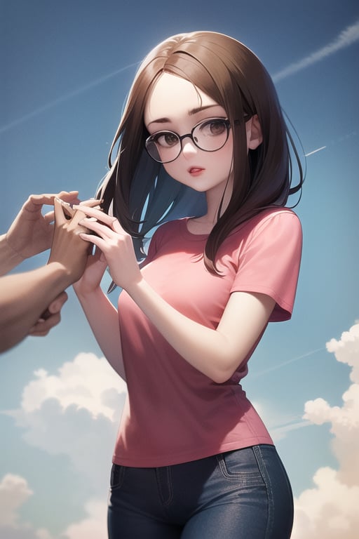 meg griffin, brown hair, black eyes, bob long hair, glasses, red lips, pink shirt, blue pants, short sleeves, round glasses, forehead, black-framed eyewear, sharp focus, perfect hands, outdoors, sky, cloudy sky, anime waifu style