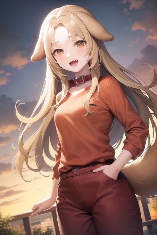 Labrador retriever, lighter blonde hair, brown eyes, dog ears, dog tail, dog nose, forehead, long hair, bobbed hair, red collar, lighter yellow shirt, lighter yellow pants, long sleeves, fangs, outdoors, sky, cloudy sky, anime waifu style