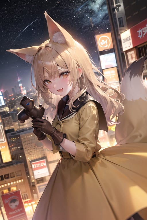 20th century fox home entertainment, blonde hair, brown eyes, mole, fang, crossed bangs, fox tail, fox ears, brown highlight, yellow dress, brown gloves, holding, searchlight, cityscape, hollywood, sky, starry_sky, anime waifu style