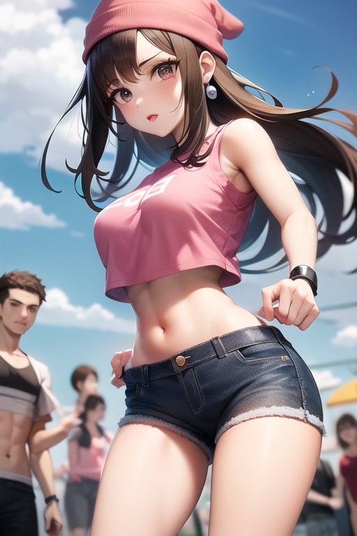 Hot meg griffin, brown hair, black eyes, bob long hair, pink beanie, pink pearl earrings, products long hair, pink crop top, denim shorts, navel, sharp focus, sleeveless, walking, red lips, forehead, outdoors, sky, cloudy sky, anime waifu style