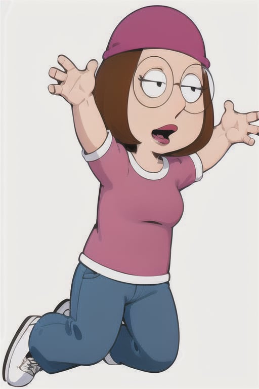 meg griffin, brown hair, black eyes, bob hair, forehead, pink beanie, round glasses, black-framed eyewear, bobbed hair, red lips, pink shirt, blue pants, short sleeves, lighter gray shoes, full body, open mouth, white background, anime waifu style