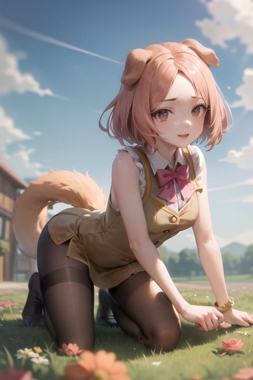 Rosebud air buddies, golden brown hair, black eyes, bob hair, forehead, dog ears, dog tail, dog nose, dog girl, golden brown dress, sleeveless, pink hair bow, golden brown stockings, air, outdoors, sky, cloudy sky, anime waifu style