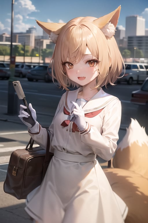 20th television, blonde hair, brown eyes, short products hair, mole, fang, crossed bangs, fox tail, fox ears, brown highlight, school uniform, long sleeves, white shirt, brown skirt, brown gloves, holding, searchlight, cityscape, hollywood, sky, cloud, anime waifu style