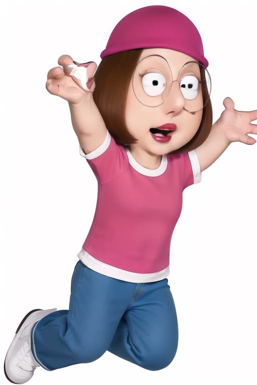 meg griffin, brown hair, black eyes, bob hair, pink beanie, pink shirt, blue pants, lighter gray shoes, short sleeves, forehead, round glasses, red lips, open mouth, jumping, full body, white background, realistic style