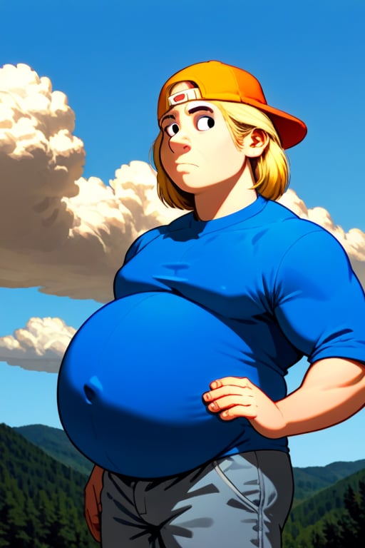 Chris griffin, blonde hair, black eyes, medium hair, black and orange cap, forehead, chin, normal head, big belly, blue shirt, darker gray pants, covered, sharp focus, perfect hands, perfect light, outdoors, sky, cloudy sky, semi realistic style