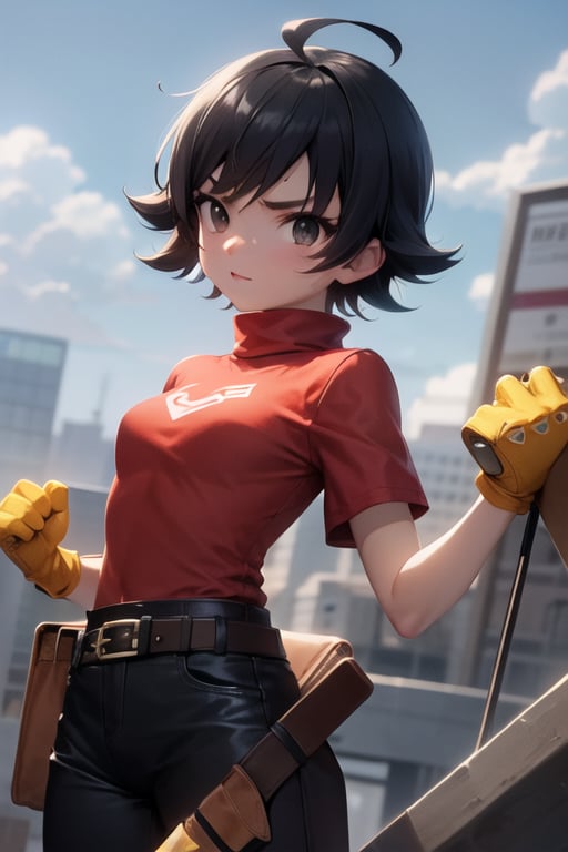 Mii brawler smash bros 4, black hair, black eyes, short product hair, bangs, red shirt, dark gray pants, belt, yellow gloves, less round eyes, different eyebrows, turtleneck,Beautiful eyes,Eyes, battlefield, standing, sky, cloudy sky, anime waifu style