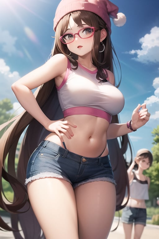 Hot meg griffin, brown hair, black eyes, bob long hair, pink beanie, round glasses, pink pearl earrings, products long hair, glasses, black-framed eyewear, pink crop top, denim shorts, navel, sharp focus, sleeveless, walking, red lips, forehead, outdoors, sky, cloudy sky, anime waifu style