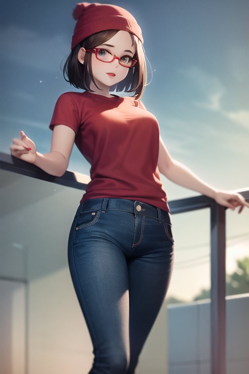 meg griffin, 1girl, brown hair, black eyes, bob hair, forehead, round glasses, red lips, red beanie, red shirt, short sleeves, blue pants, short sleeves, glasses, black-framed eyewear, outdoors, sky, cloudy sky, anime waifu style