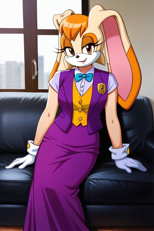 vanilla the rabbit, sonic the hedgehog \(series\),rabbit girl, ,siting on sofa, :), female_solo, long_vest,LinkGirl, realistic, real_life,r4w photo,Sonic , long skirt, purple skirt