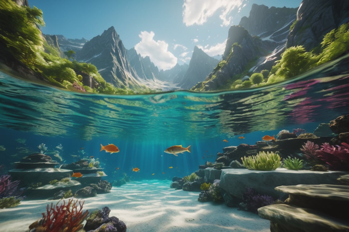 In a stunning masterpiece, breathtaking beauty unfolds. Half above water and half below, the scene is divided by crystal-clear waters that seem to glow with an otherworldly light. The lush greenery and mountains provide a picturesque backdrop as bright sunlight casts a warm glow on the serene aquatic world. Volumetric cinematic lights dance across the surface, creating high contrast and vibrant colors that leap off the screen. Insane details of fish swimming in the clear underwater reveal a depth that's almost palpable. The beautiful sky above is filled with puffy clouds, adding to the sense of serenity. Every aspect of this 12k hyperrealistic marvel is a masterclass in composition, lighting, and sheer visual magnificence.