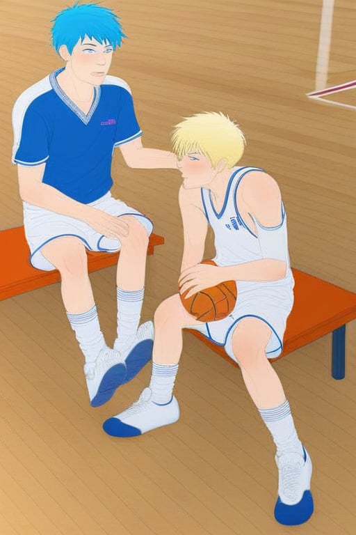 short hair, multiple boys, blonde hair, 2boys, sitting, blue hair,basketball outfit ,tennis,socks ,sniffing socks