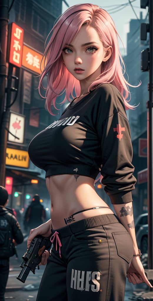 dark gothic cyberpunk woman, defiant face, pastel colors, in clothes, colorful hair, light yellow sweatshirt, pants, black, with pink, guns hd, high detail, huoshen, TheLastOfUs, mgln, Big Boobs
