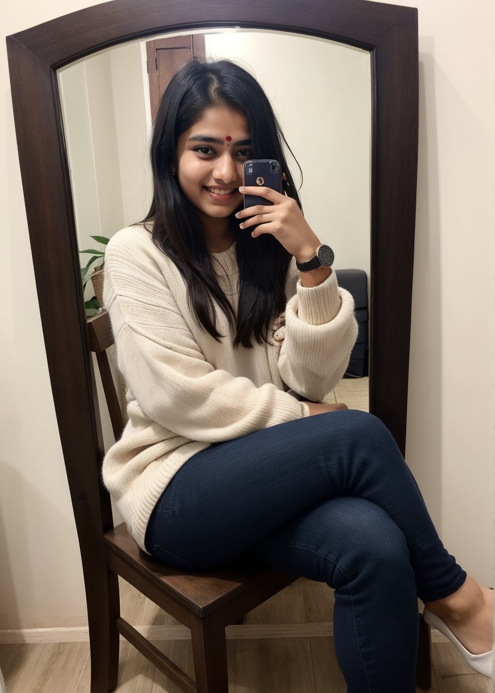 Beautiful Cute Young Attractive Indian Teenage Girl, Village Girle, 18 Years Old, cute, Instagram Model, Long Black_Hair, colourful Hair, Warm, Dancing, Cute Smiling, sitting In wooden chair and looking into the mirror  , Wearing The winter sweater , wearing The Watch, Indian, colored nails, 