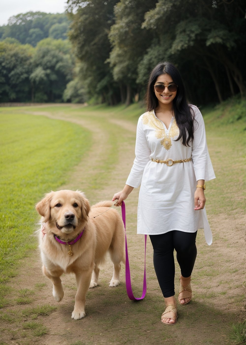 Beautiful Cute Young Attractive Indian Teenage Girl, Village Girle, 18 Years Old, cute, Instagram Model, Long Black_Hair, colourful Hair, Warm, Dancing, Cute Smiling, Golden retriever holding the dog's neck belt in his hand, taking the dog for a walk on the field.  Girl wearing kurta and leggings  , Wearing White Sunglasses , wearing The Watch And Long Shoes, Indian, colored nails, 