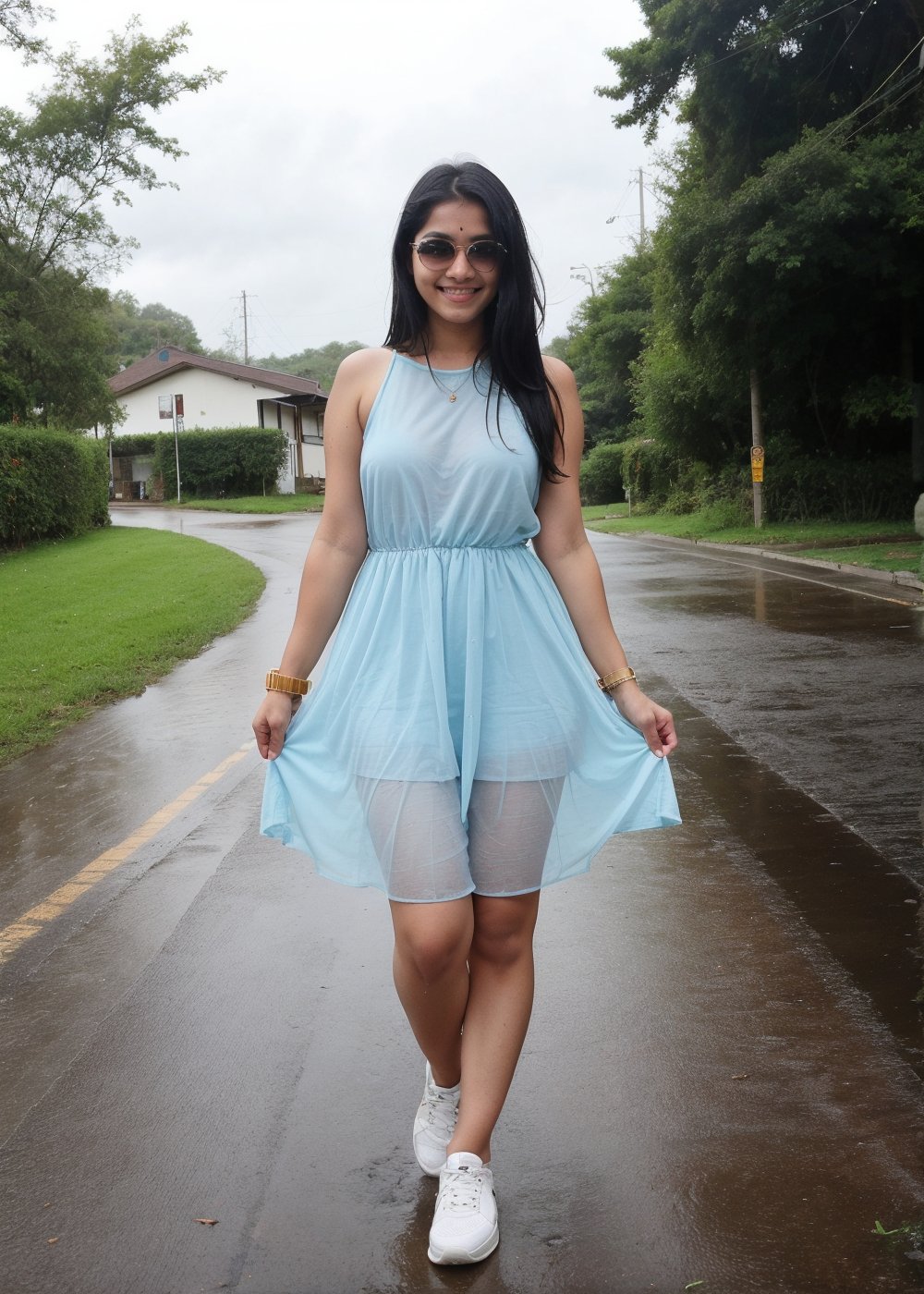 Beautiful Cute Young Attractive Indian Teenage Girl, Village Girle, 18 Years Old, cute, Instagram Model, Long Black_Hair, colourful Hair, Warm, Dancing, Cute Smiling , A sky blue knee-length frock, her bare legs, Her tight breasts. the white line on the road, a one hand holding white transparent umbrella held over her head as rain falls from the sky.  White Sport Shoes on feet.  The road is wet, the green grass on the side of the road, wearing vision glasses, Indian, 