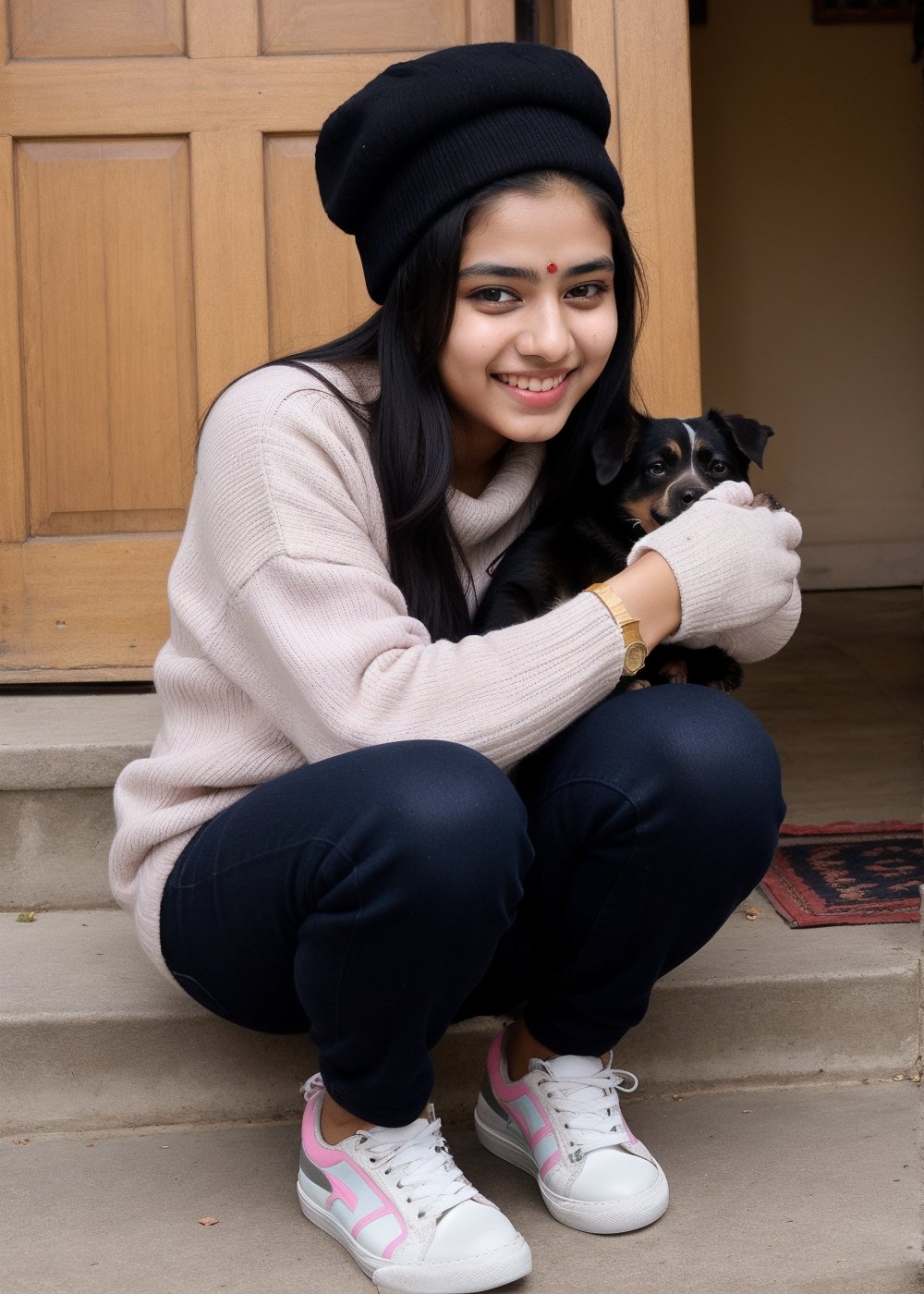 Beautiful Cute Young Attractive Indian Teenage Girl, Village Girle, 18 Years Old, cute, Instagram Model, Long Black_Hair, colourful Hair, Warm, Dancing, Cute Smiling, A girl holding a baby Dog on the Home , wearing Winter Sweater and cap, hand gloves , wearing Watch And Long Shoes, Indian, colored nails, 