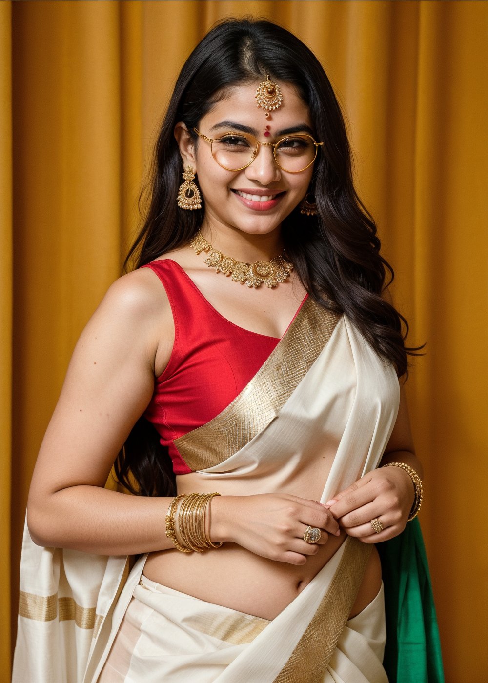 Beautiful Cute Young Attractive Indian Teenage Girl, Village Girle, 18 Years Old, cute, Instagram Model, Long Black_Hair, colourful Hair, Warm, Dancing, Cute Smiling, Red and white khata padar saree, gold mangalsutra around neck, gold bangle and green bangles on hand, red tikali on forehead, mehndi on hand, white and red jumper, white white teeth visible while smiling, gold ring on finger , wearing vision glasses, Indian, 