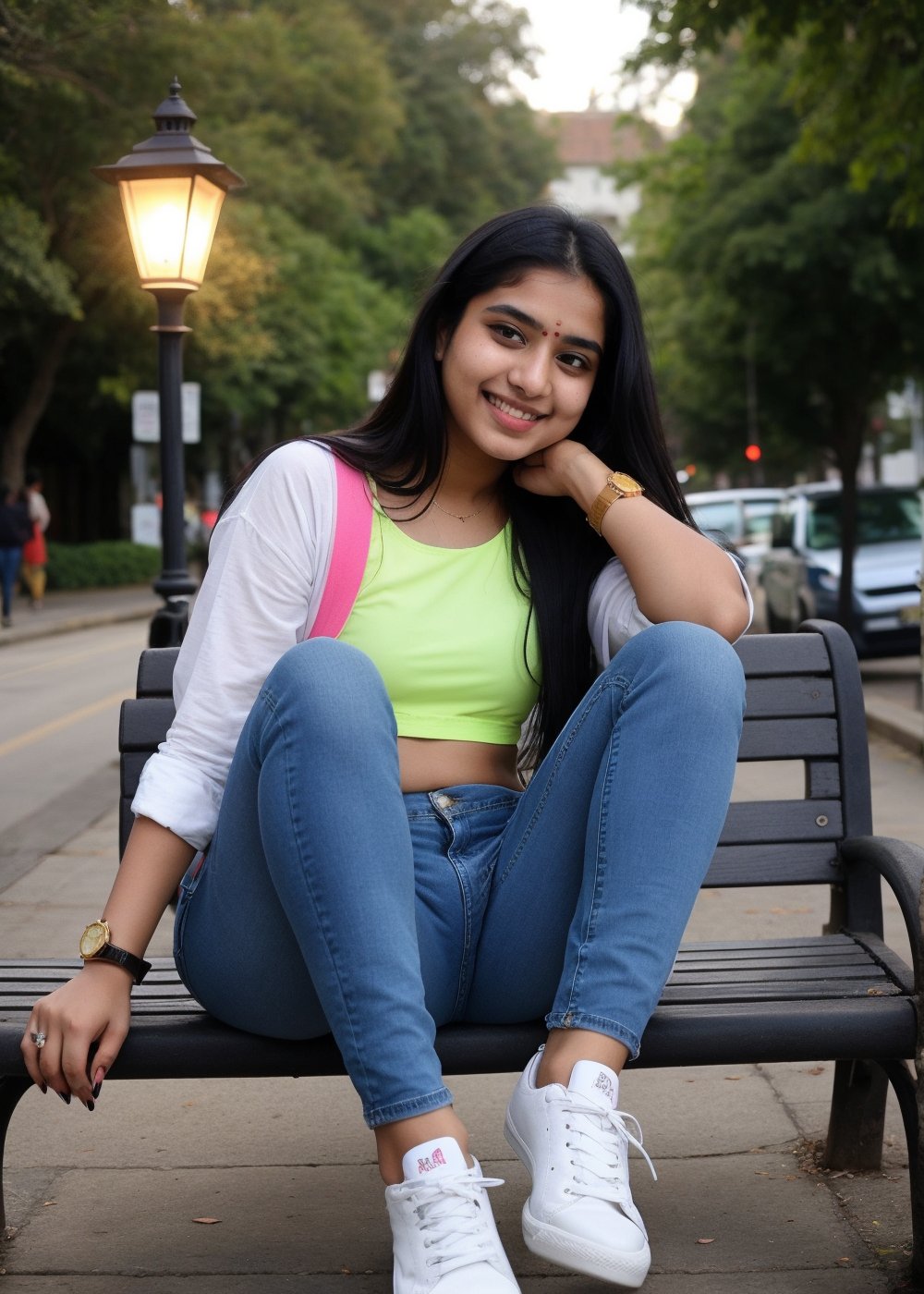 Beautiful Cute Young Attractive Indian Teenage Girl, Village Girle, 18 Years Old, cute, Instagram Model, Long Black_Hair, colourful Hair, Warm, Dancing, Cute Smiling, sitting in below the street lamp on bench, wearing The Crop Top And Blue Jeans, wearing Watch And Long Shoes, Indian, colored nails, 