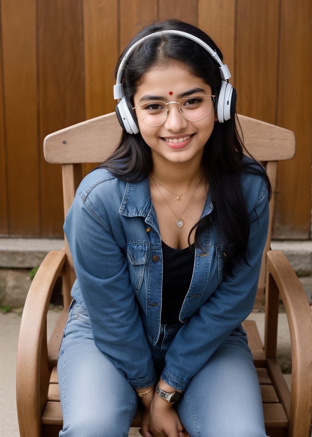 Beautiful Cute Young Attractive Indian Teenage Girl, Village Girle, 18 Years Old, cute, Instagram Model, Long Black_Hair, colourful Hair, Warm, Dancing, Cute Smiling, A girl sitting in the Home teres wooden chair and listening the songs , wearing Winter blue jeans jacket under white top and blue jeans ,wearing diamond necklace, wearing Watch , Indian, colored nails, Bembi is showed, wearing vision glasses, wearing The headphones, 