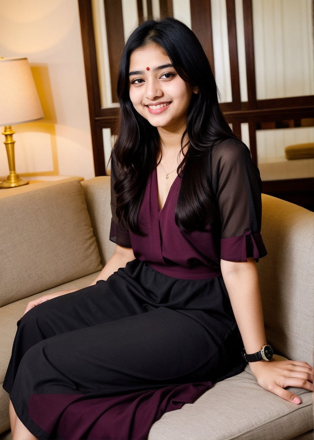 Beautiful Cute Young Attractive Indian Teenage Girl, Village Girle, 18 Years Old, cute, Instagram Model, Long Black_Hair, colourful Hair, Warm, Dancing, Cute Smiling, sitting In hotel sofa  , Wearing The maroon dress , wearing The Watch, Indian, colored nails, 