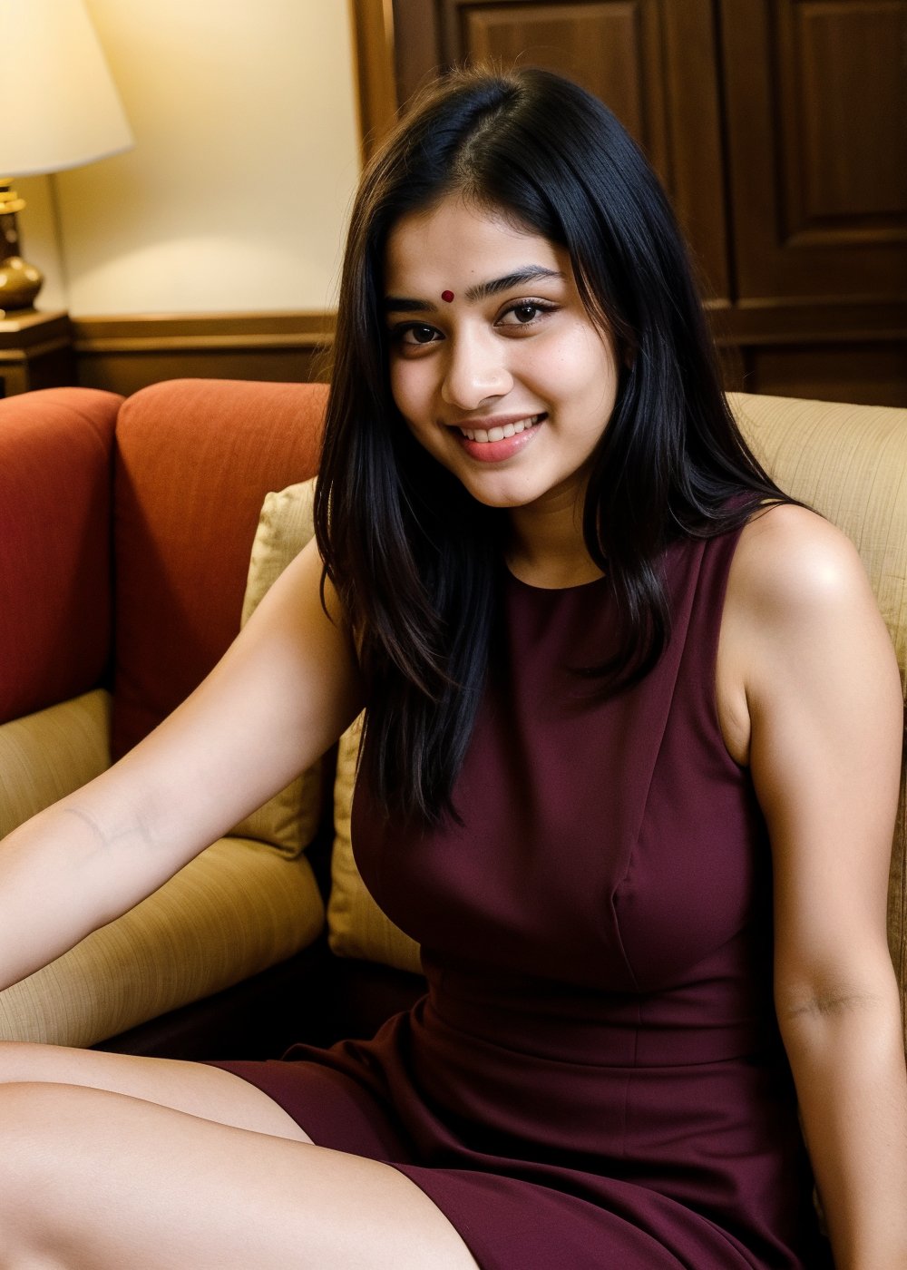 Beautiful Cute Young Attractive Indian Teenage Girl, Village Girle, 18 Years Old, cute, Instagram Model, Long Black_Hair, colourful Hair, Warm, Dancing, Cute Smiling, sitting In hotel sofa  , Wearing The maroon dress , wearing The Watch, Indian, colored nails, 