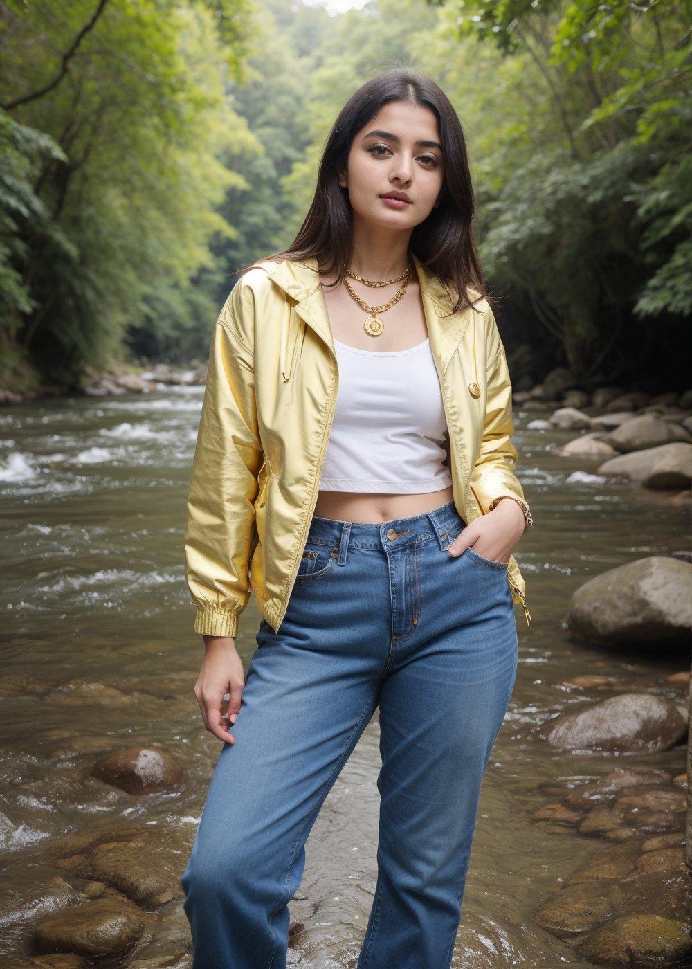 Lovely cute hot Alia Bhatt, acute an Instagram model 18 years old, full-length, long blonde_hair, black hair, winter, Standing A girl in cruise inside the river and outside green river , wearing A jacket and jeans pant, in cruise at inside the River And Outside green forest, wearing a watch and white shoes , gold chain, Lives text on top, thin shaped_body, Bembi is showed 