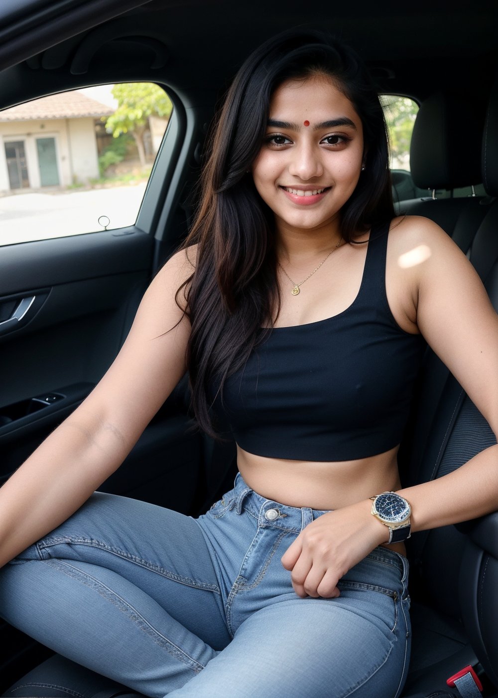 Beautiful Cute Young Attractive Indian Teenage Girl, Village Girle, 18 Years Old, cute, Instagram Model, Long Black_Hair, colourful Hair, Warm, Dancing, Cute Smiling, sitting In car sit , wearing The Crop Top And Blue Jeans, wearing Watch And Long Shoes, Indian, colored nails, 