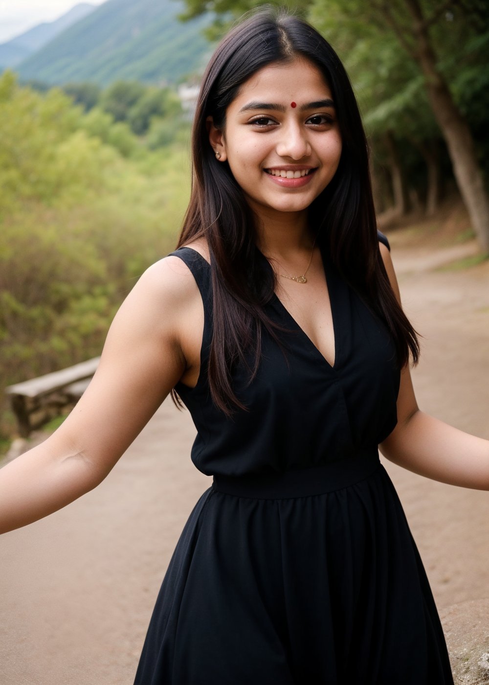 Beautiful Cute Young Attractive Indian Teenage Girl, Village Girle, 18 Years Old, cute, Instagram Model, Long Black_Hair, colourful Hair, Warm, Dancing, Cute Smiling, Standing In mountainIn , Wearing Simple Dress , wearing The Watch, Indian, colored nails, 