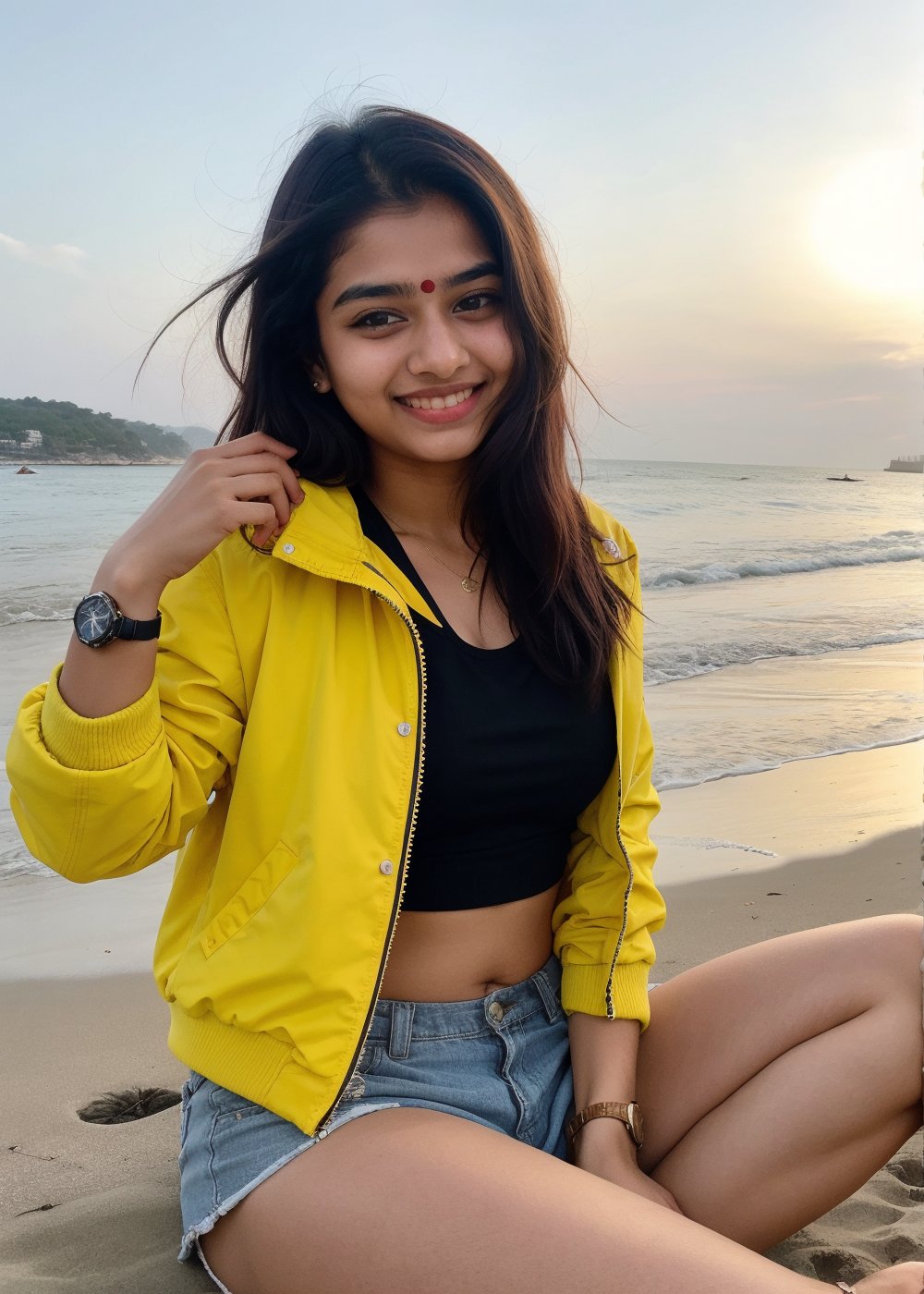 Beautiful Cute Young Attractive Indian Teenage Girl, Village Girle, 18 Years Old, cute, Instagram Model, Long Black_Hair, colourful Hair, Warm, Dancing, Cute Smiling, sitting In a beach side, Wearing The Jacket and shorts , wearing The Watch, Indian, colored nails, 