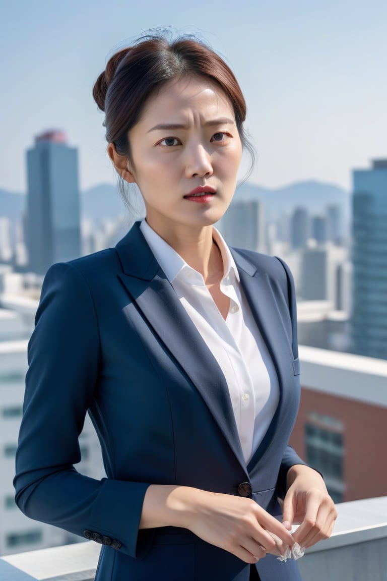 A sophisticated and intelligent Korean female consultant in her early thirties, calmly chastising her incompetent boss with a pretty face, on the rooftop of a modern building, clear blue sky, sleek professional attire, a scene filled with subtle tension