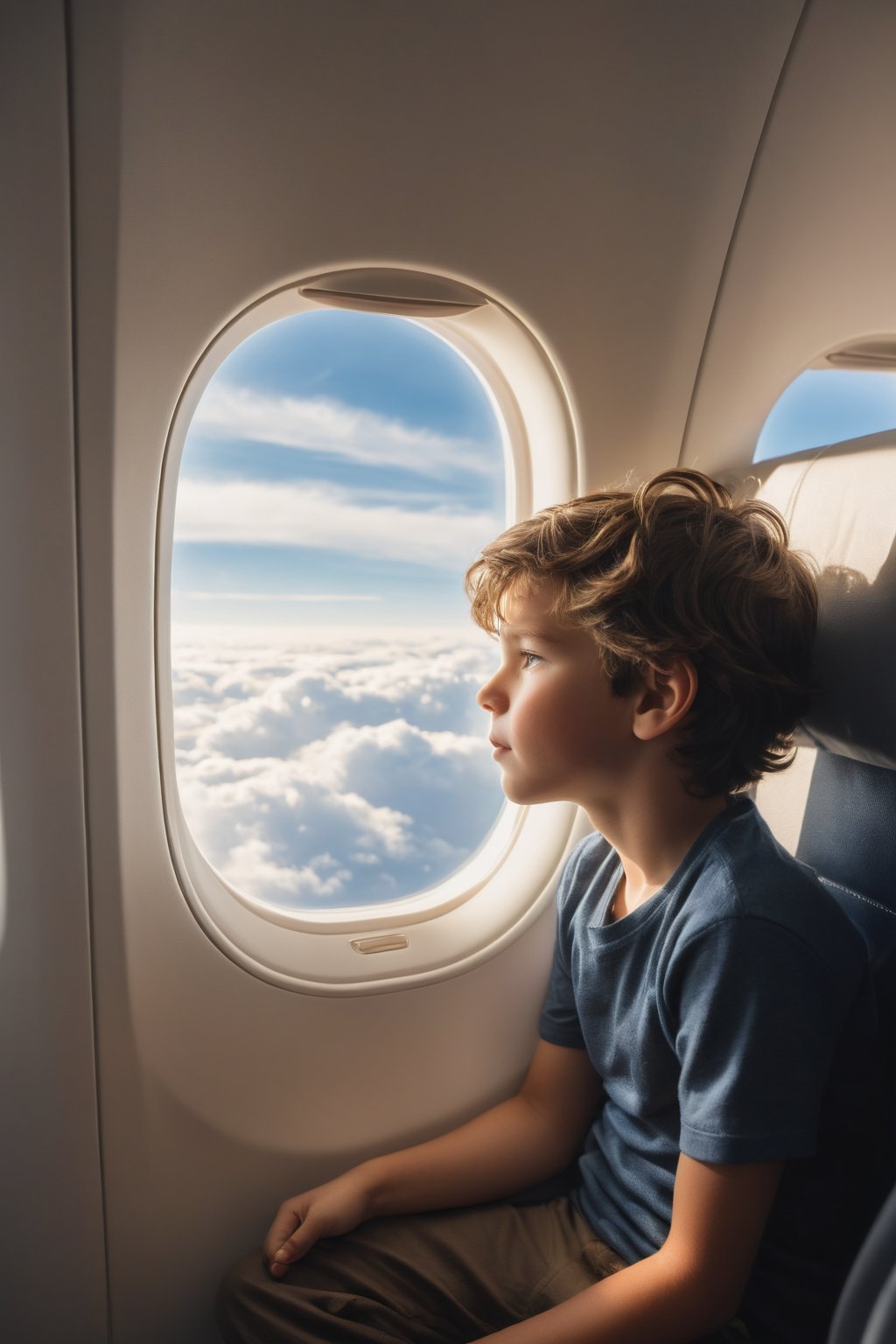 A young boy sits comfortably on a narrow window seat aboard an airplane, gazing out at the vast expanse of fluffy white clouds drifting lazily by. The sunlight streaming through the window casts a warm glow on his eager face, highlighting his bright eyes and tousled hair as he takes in the breathtaking view.