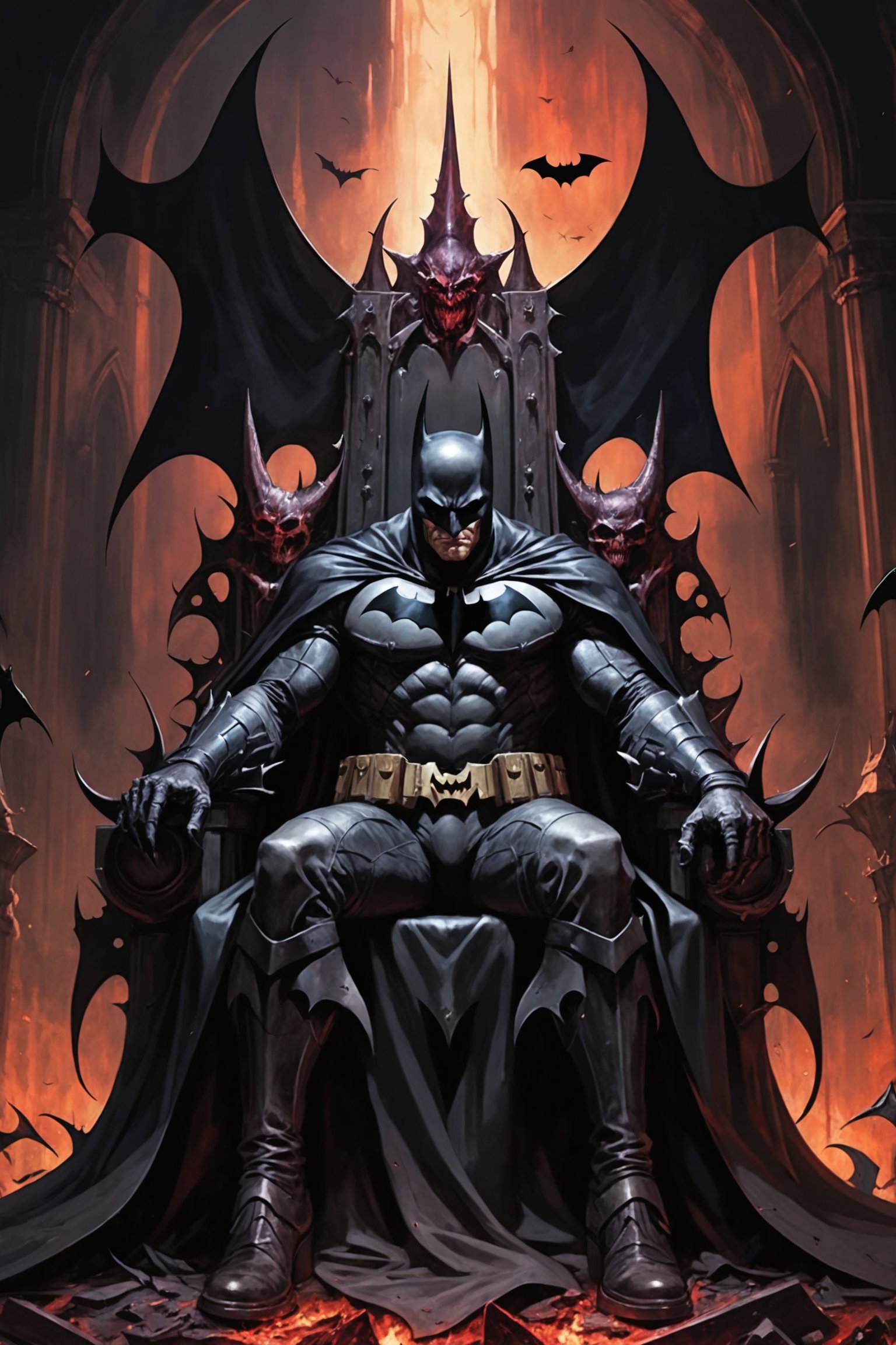 dystopian art, overlord demon batman, villain, evil, wrathful, sitting on a throne