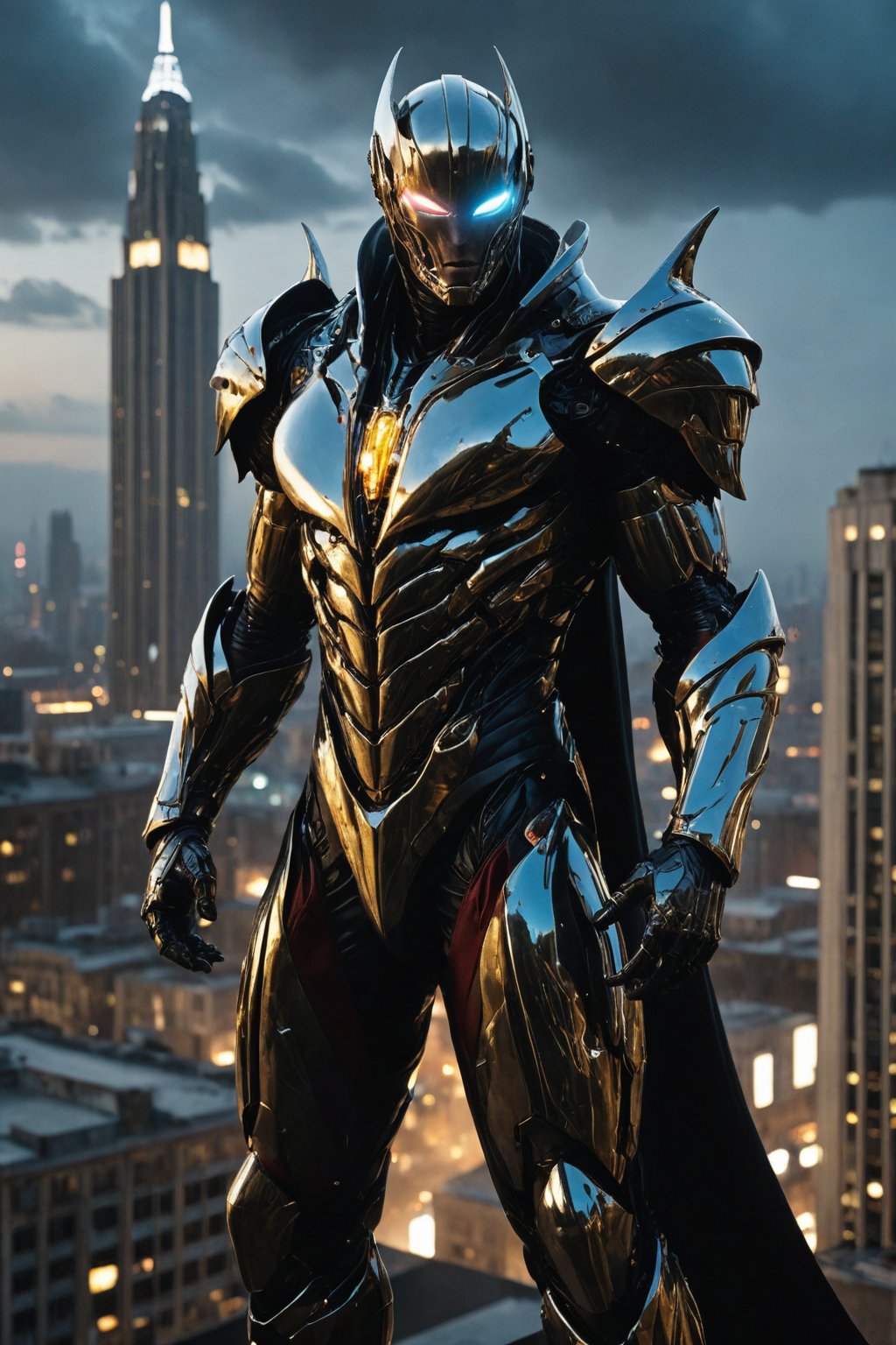 A futuristic super hero stands tall, full-body portrait in polished chrome armor with intricate gold and burgundy accents. Glowing blue eyes pierce through the darkness, illuminating a cityscape at dusk. Craig Mullins and H.R. Giger's character design brings forth a sense of otherworldly strength. Realistic digital painting captures every detail, from the armored suit to the subject's determined pose. Cinematic lighting highlights the hero's figure against a misty blue-gray sky, as if suspended in mid-air. A 4K resolution masterpiece, this portrait embodies the essence of futuristic super heroism.