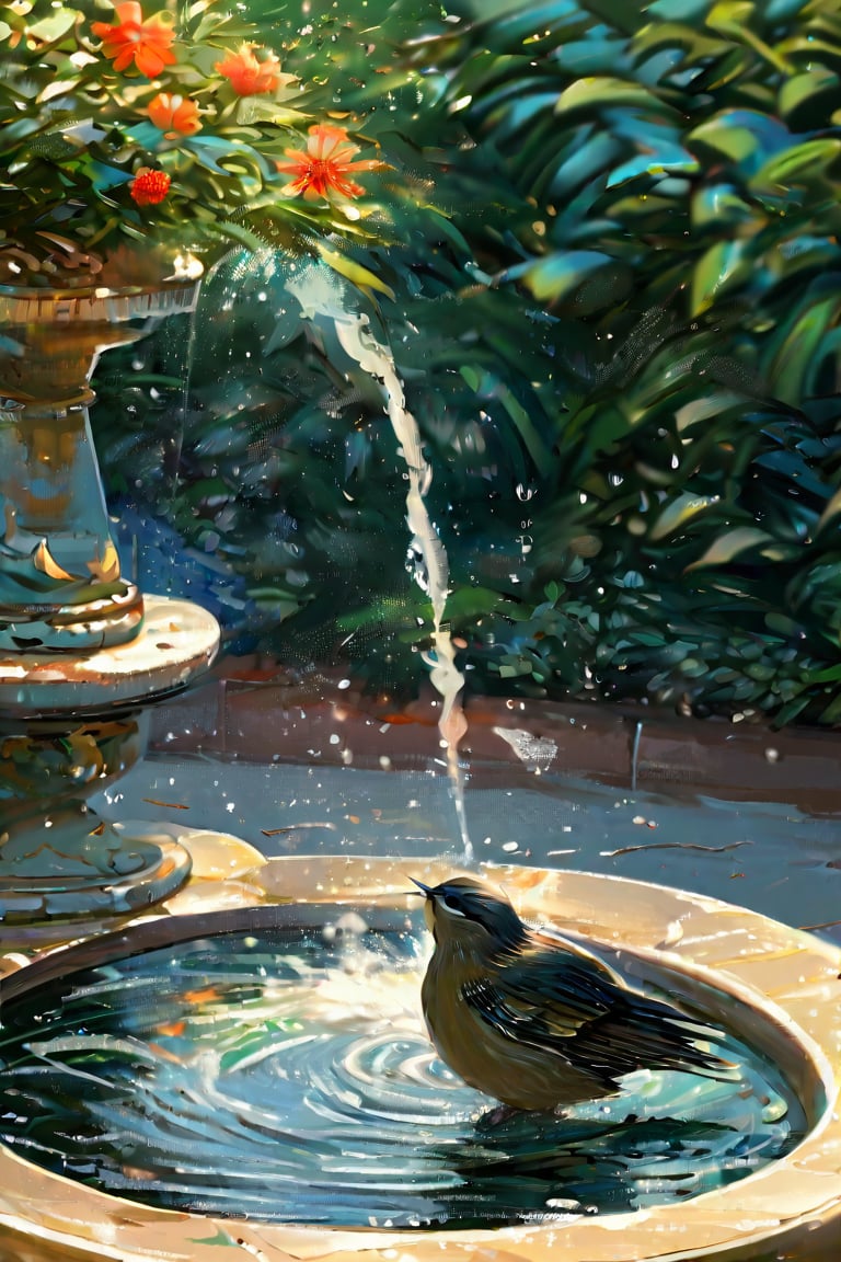 masterpiece, top quality, best quality, official art, beautiful and aesthetic, extremely detailed.

Animal painting, slow motion, capturing a bird bathing in a fountain. The focus is on the intricate details of the bird's feathers, with a close-up, highly realistic approach. The scene highlights water droplets flying through the air and those being flicked off by the bird. This is an award-winning, highly detailed, and realistic artwork.
(Fountain) decorated with patterns that resemble embossing or engraving, giving it an antique appearance. It is colored in a stone-white, suggesting it may be made of stone.

Flower petals, warm light, lush greenery, distant blur. petite and Beautiful Hummingbird.
(close-up)(focus on bird's movement.)(Birdie with a splash.)