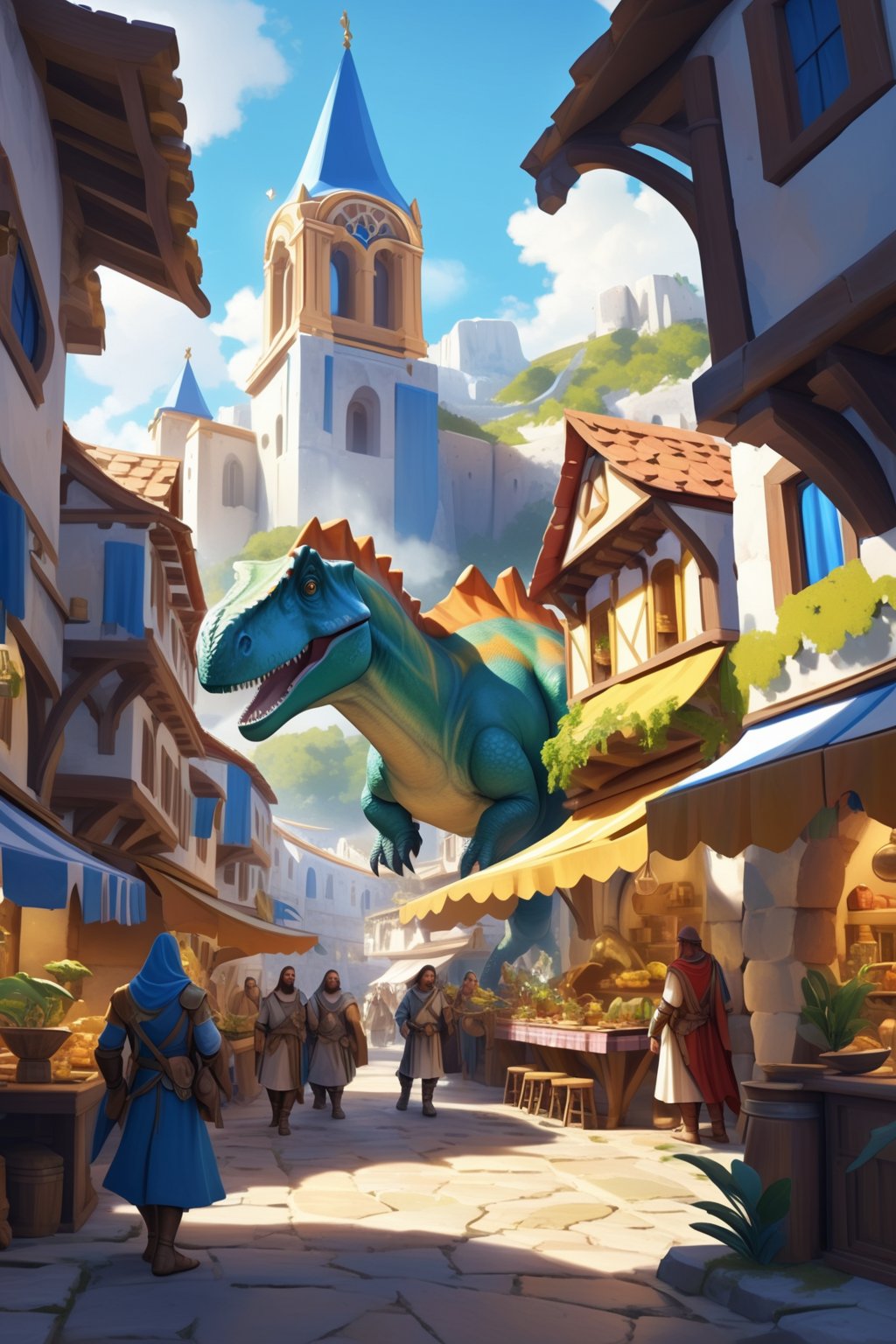 A fantasy world depicting a bustling medieval Greek city where dinosaurs are pets that blend into the streetscape and live with the people. Lively and bright atmosphere, detailed interactive scenes (micro-world)(Dinosaur as pet)(Empire)(Pocket art)