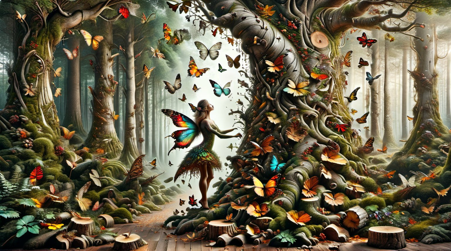 Photorealistic forest landscape with towering, densely packed tree trunks in an autumnal setting. The tree trunks have cracked bark, and there is a graceful woman with butterflies all over her body, camouflaged in colors and textures similar to the forest, like a chameleon. She is visible but also blends in with the chaos. high resolution and contrast and colour contrast,  intricately textured and extremely subtle detailed, detailmaster2,  side-light,  ultra quality,  fine artwork ,more detail XL,ULTIMATE LOGO MAKER [XL],Fairy