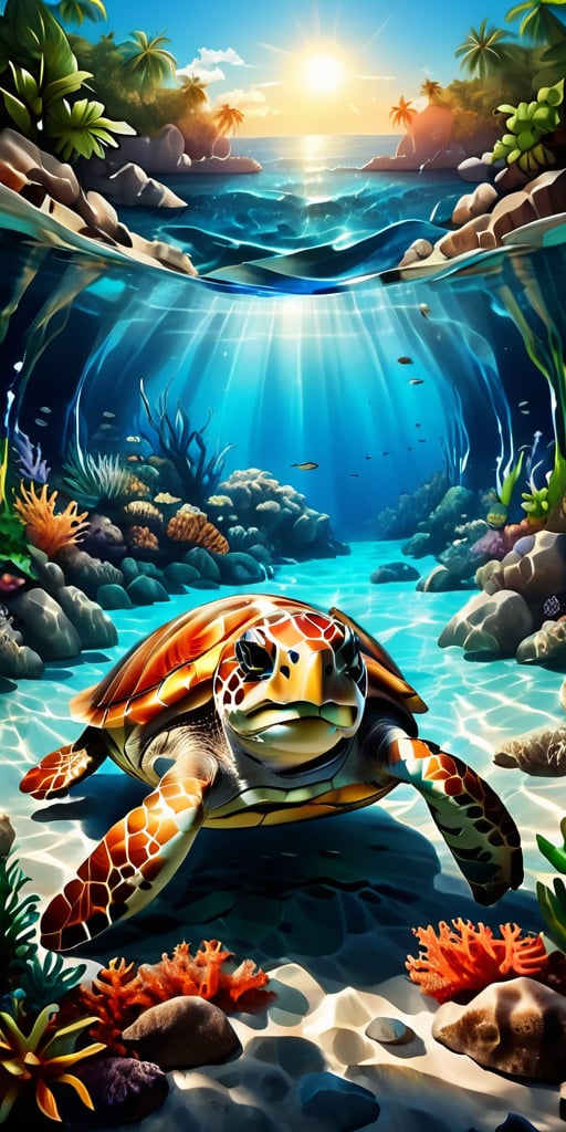 (enormous sea turtle)(beautiful young girl)(Turtle shell with fine details)(Aerial view of the sea)(aerial camera view)
breathtaking view of a picturesque scene. A beautiful young girl sleeps on the back of an enormous sea turtle, with her eyes closed. The pristine waters offer a glimpse of the vibrant underwater world brimming with tropical fish and coral reefs, creating a romantic and vivid ambiance that enchants the senses.

inspiring beauty. The azure waters glisten with crystal clarity, allowing a mesmerizing view of the ocean floor below. Sunlight penetrates the depths, illuminating the diverse marine life and casting a magical glow on the surroundings.