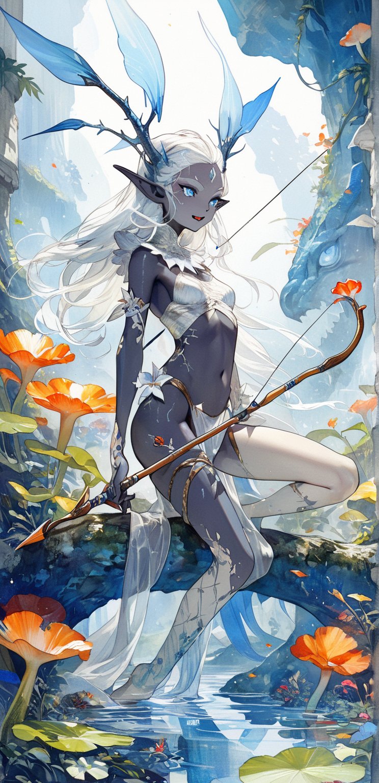 (full body) (elf queen drawing her bow and arrow) (black skin), (white hair), long straight hair, blue colored eyes, white color palette, pale hair (barely visible) stripes, Exquisite features, charming and aggressive eyes, pointy teeth, beautiful na'vi, action scene, portrait view, profile view, Realistic_eyes, hyper_realistic, extreme details, HDR, 4k quality, perfect quality, perfect image, HD quality, movie scene, Read description, ADD MORE DETAIL, Fairy Queen, style, All limbs are intact. Beautiful waist, Beautiful legs, lean, strong, navel. Handsome, sexy and mature.