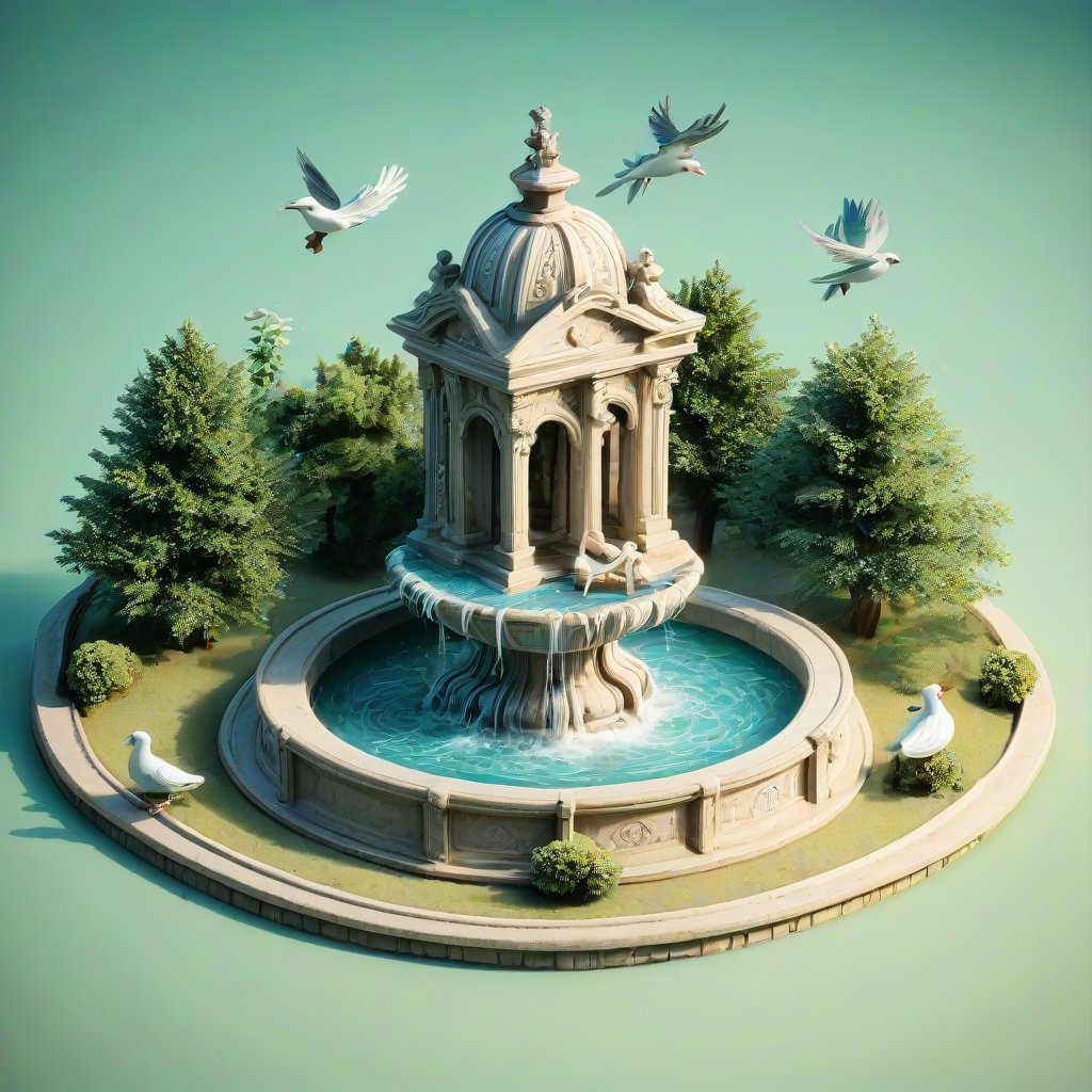 European Palace Fountain, Artwork, Renaissance, Sculpture, isometric, miniature, tilt shift, Th3Dru1d5. birds are bathing.
simple and light background.