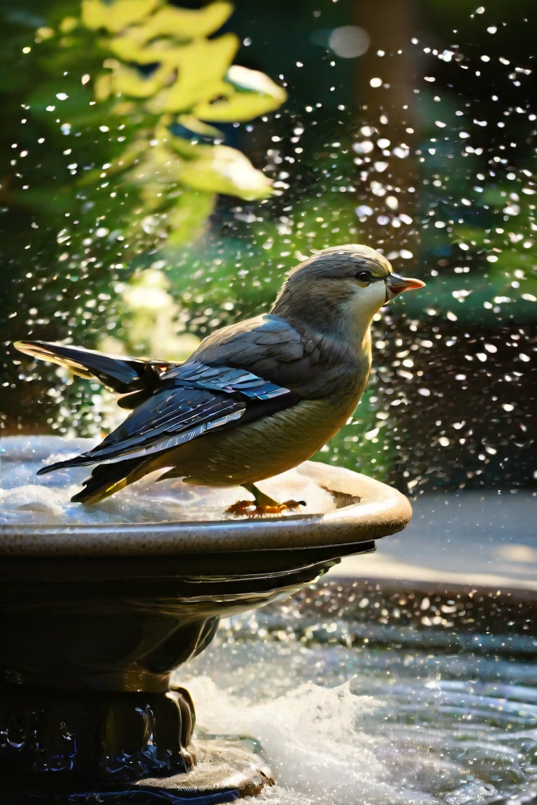 masterpiece, top quality, best quality, official art, beautiful and aesthetic, extremely detailed.

Animal painting, slow motion, capturing a bird bathing in a fountain. The focus is on the intricate details of the bird's feathers, with a close-up, highly realistic approach. The scene highlights water droplets flying through the air and those being flicked off by the bird. This is an award-winning, highly detailed, and realistic artwork.
(Fountain) decorated with patterns that resemble embossing or engraving, giving it an antique appearance. It is colored in a stone-white, suggesting it may be made of stone.

Flower petals, warm light, lush greenery, distant blur. petite and Beautiful Hummingbird.
(close-up)(focus on bird's movement.)(Birdie with a splash.)